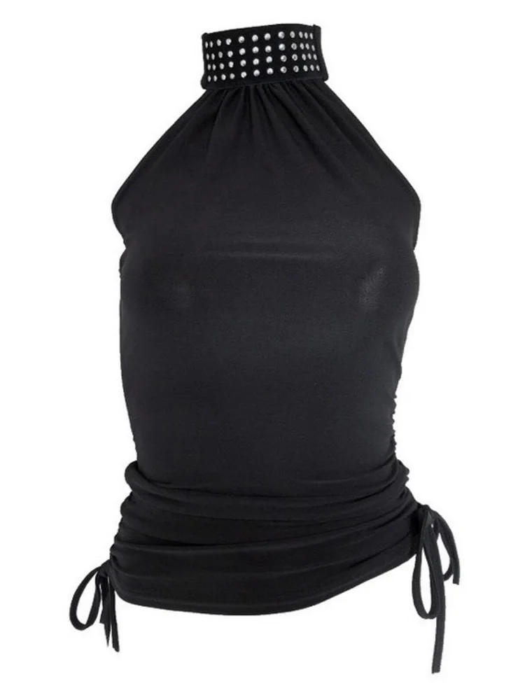 Sommer Damen Retro Millennium Party Nietenbesetztes High-Halter-Top mit seitlichem Kordelzug, gerafftes ärmelloses Bodycon Crop-Top – Detail 6