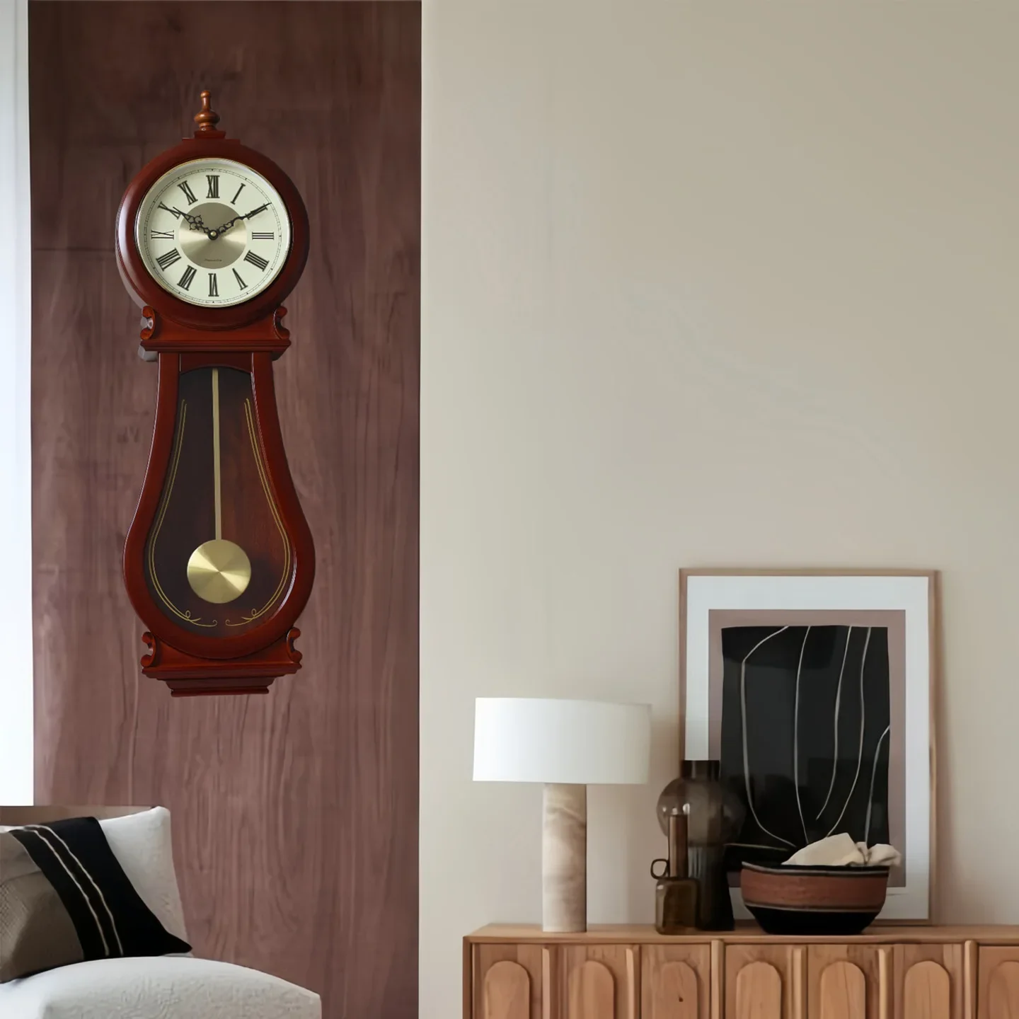 American retro mahogany solid wood music timekeeping swing wall clock creative home living room clock silent quartz clock
