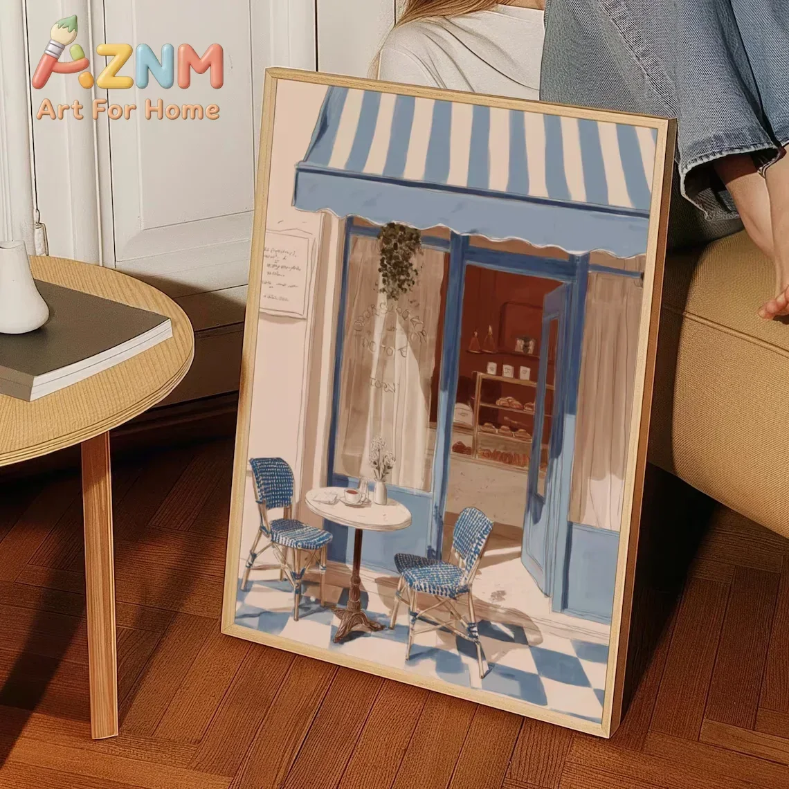 AZNM French Paris Cafe Canvas Wall Art Blue Striped Awning Watercolor Street View Frameless Print Poster for Kitchen Living Room