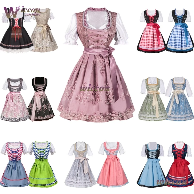 

OHaYo 18-стиль баварские наряды Мюнхен Октоберфест Dirndl розовое клетчатое платье горничной Mieder винтажное джинсовое платье для косплея на Хэллоуин для женщин