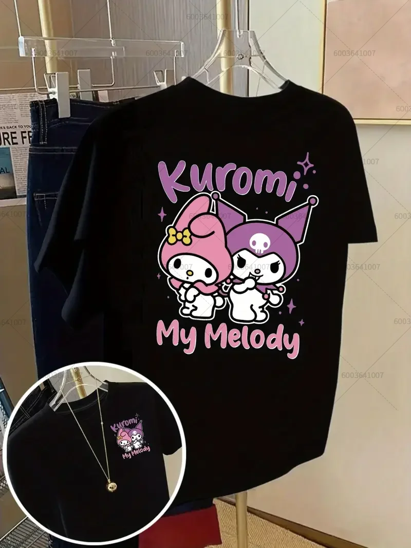

Милая женская футболка Sanrio Kuromi Hello Kitty для пар, хлопковая футболка с круглым вырезом, повседневная летняя трендовая одежда с короткими рукавами