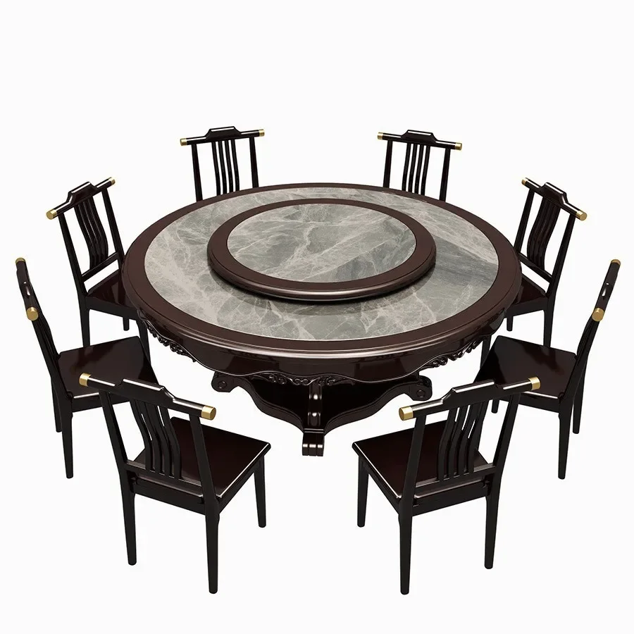 

Solid wood combination dining table and chairs restaurant hotel household turntable with slate Foshan