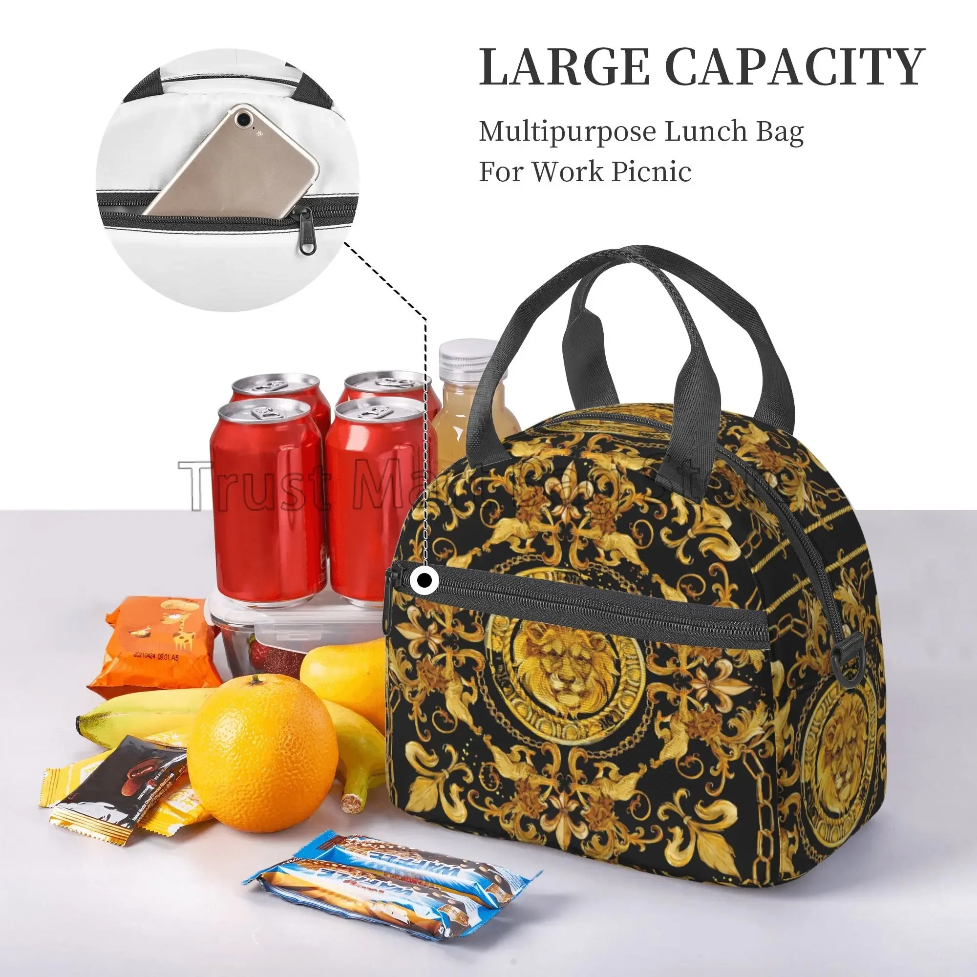 Golden Lion Baroque Print Thermal Lunch Box Reusable Large Capacity Insulated Bento Tote Bags for Work School Picnic Travel