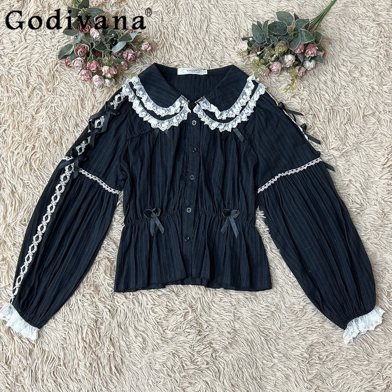 

2025 Lolita Cotton Sweet Long Sleeve Lace Ruffles Versatile Shirt Cute Peter Pan Collar Girls Age Reduction Bow Lace-up Top