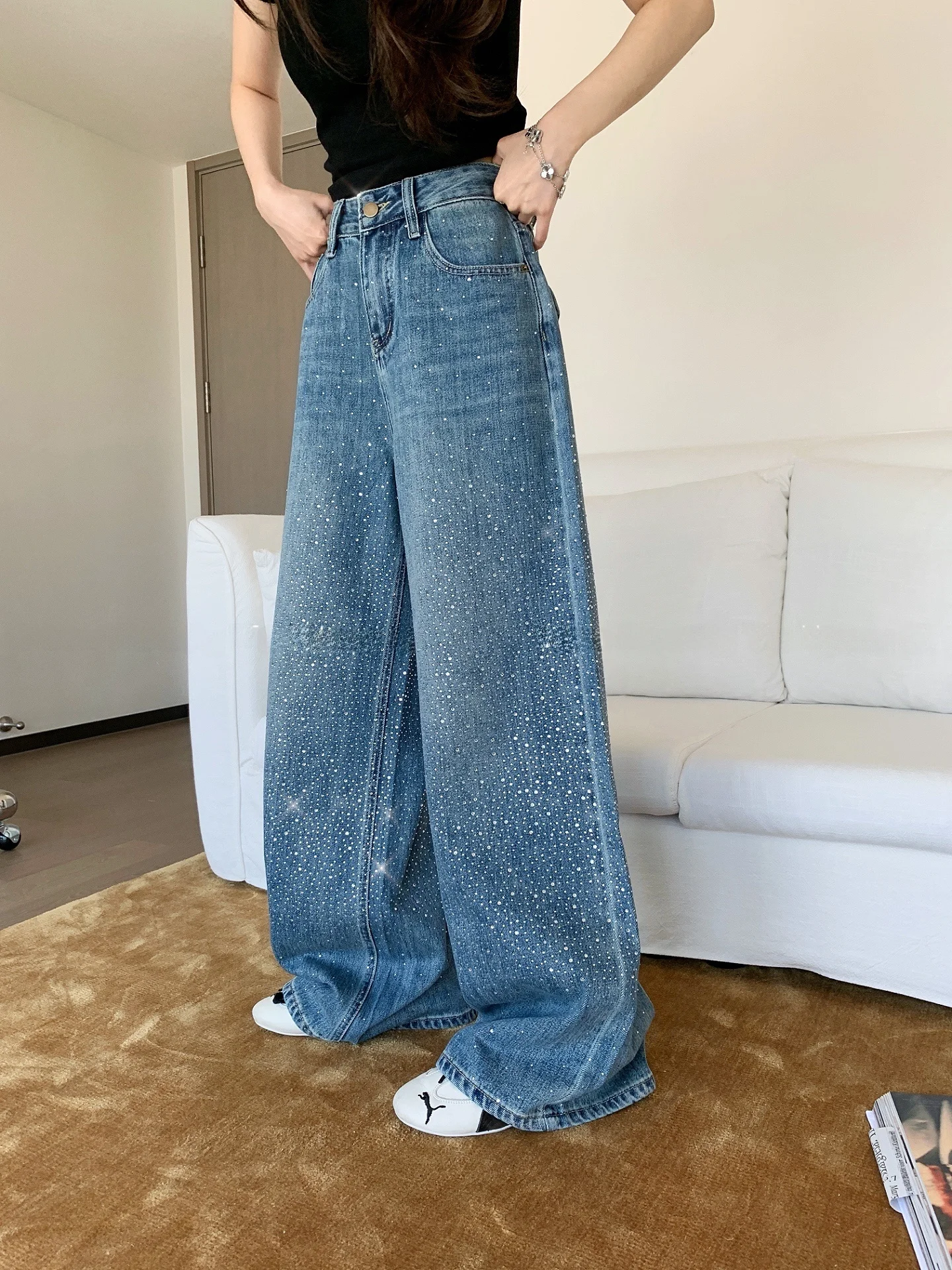 

Loose Wide Leg Straight Jeans Casual Pants High Waist Soft Denim Fabric Glittering Drill Crt Spring Summer New Arrival Ladi...