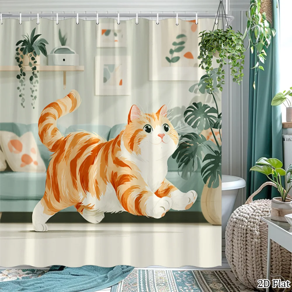 

Cute Cat Cartoon Shower Curtain Tropical Botanical Print Waterproof Bathroom Curtain for Home Decor 180x200cm