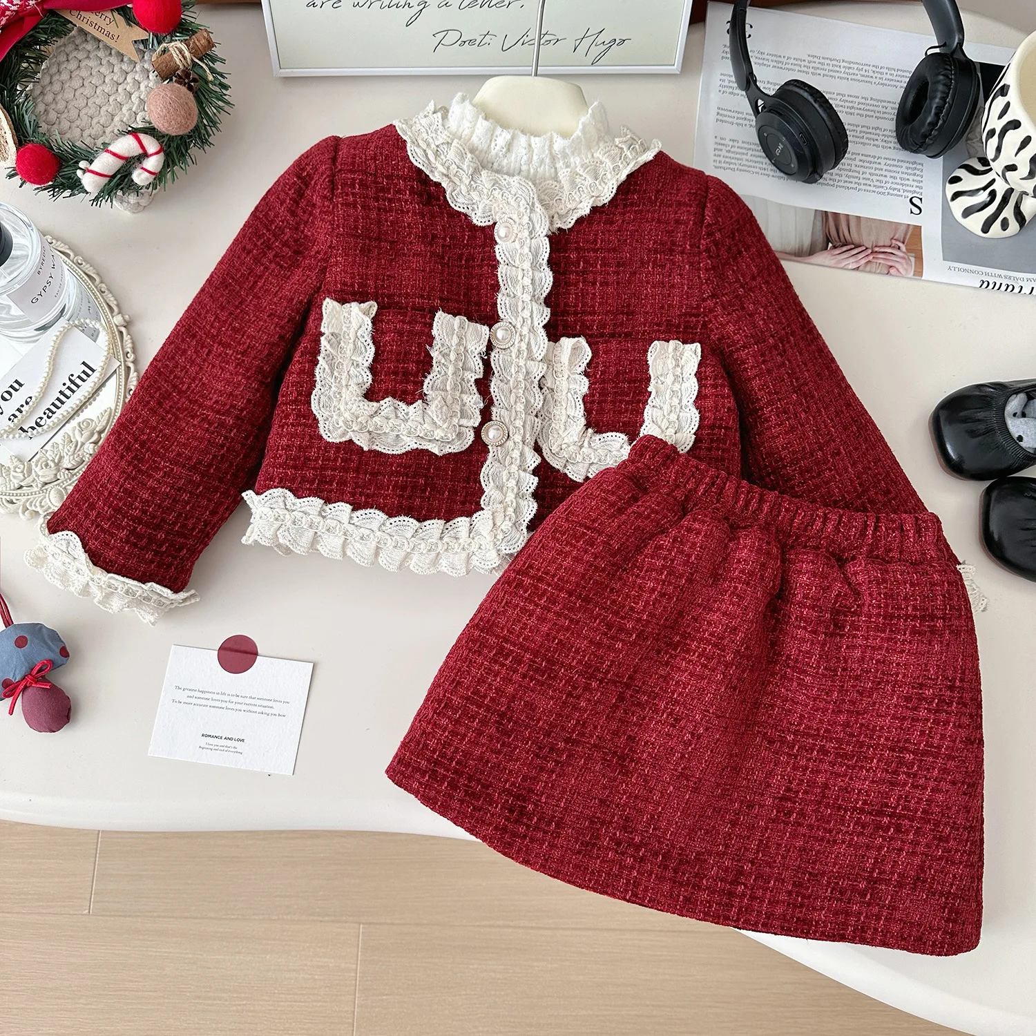 2024 Winter Children Girl 2PCS Clothes Set Cotton Padded Pearls Button Coat Suit Solid Elastic Waist Skirts 2-8Y Kid Girl Outfit