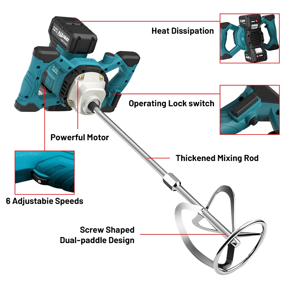 6 Speed Electric Paint Concrete Mixer Brushless Handheld Paddle Ice Mix Mixer Adjustable Electric Mixing Rod For Makita battery