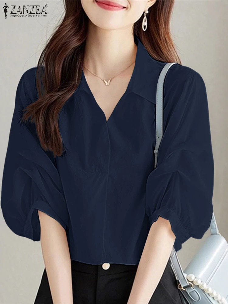 

ZANZEA, повседневная офисная рабочая блузка, женская туника, мода 2024, летние топы с отложным воротником, женский однотонный пуловер большого размера