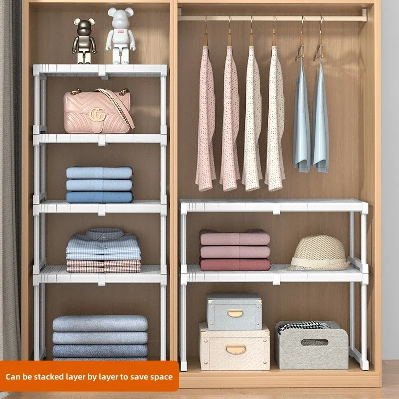 

Retractable Wardrobe Storage Shelves Stackable Standing Layered Storage Rack for Cupboard Multi-role Closet Organizers Shelf