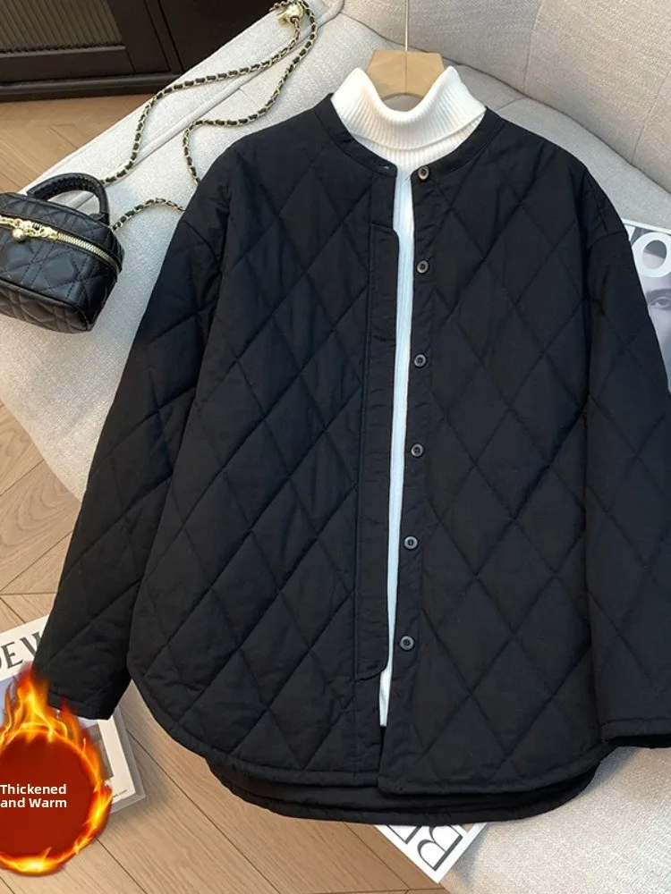 Japanese Style Diamond Pattern Cotton Jacket Women's Winter Loose Casual Versatile Lightweight Filled Warm Cotton Top