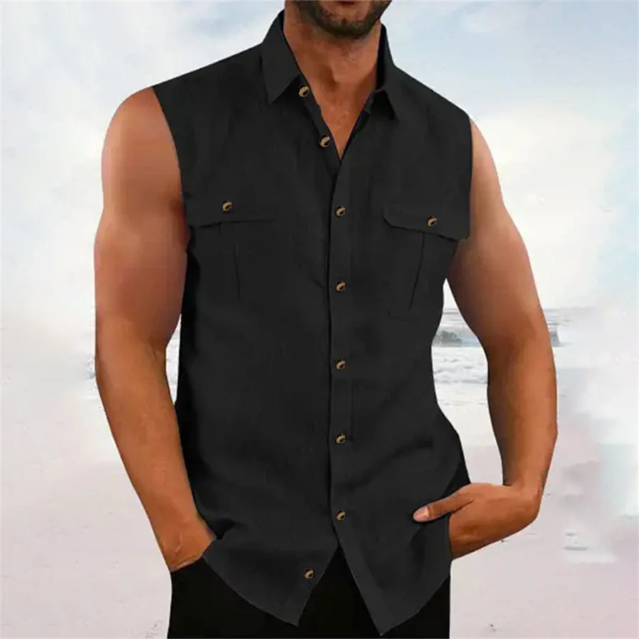 2024 New Summer Men\'s Linen Tank Tops Casual Solid Color Turn Down Collar Sleeveless Shirts Pockets Fashion Streetwear Vest