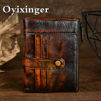 OYIXINGER New Genuine Leather Short Men's Wallet Cowhide Card Casual Wallet Male Zipper Multifunction Vintage Handbag Coin Purse