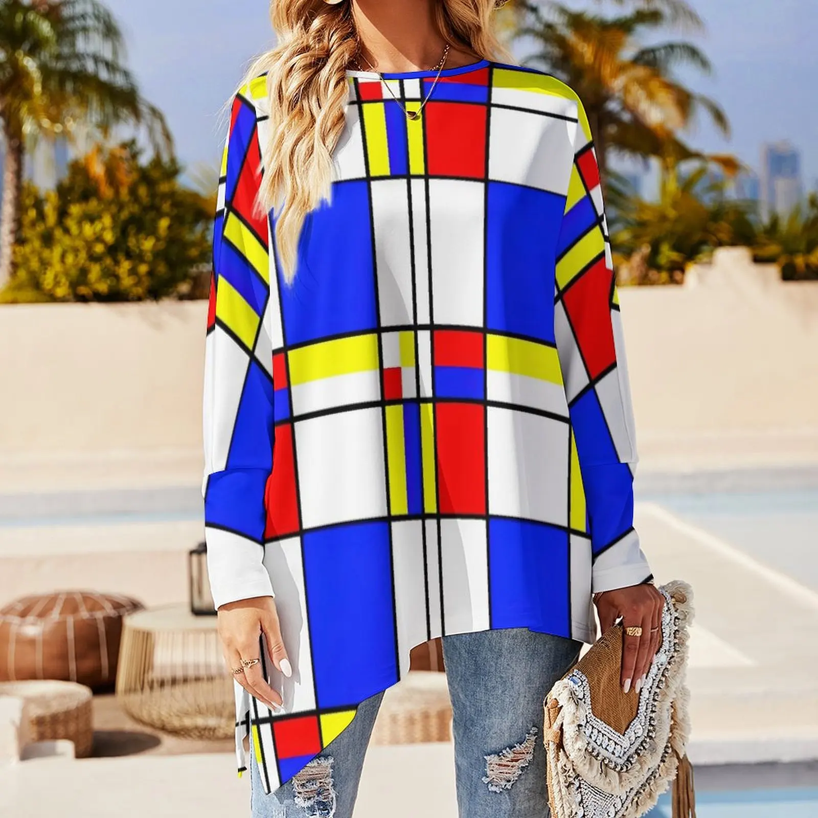 Mondrian T Shirts Colorful Checkerboard Casual Loose Long Sleeve T Shirt Funny Graphic Tees Women Clothing 4XL 5XL 6XL