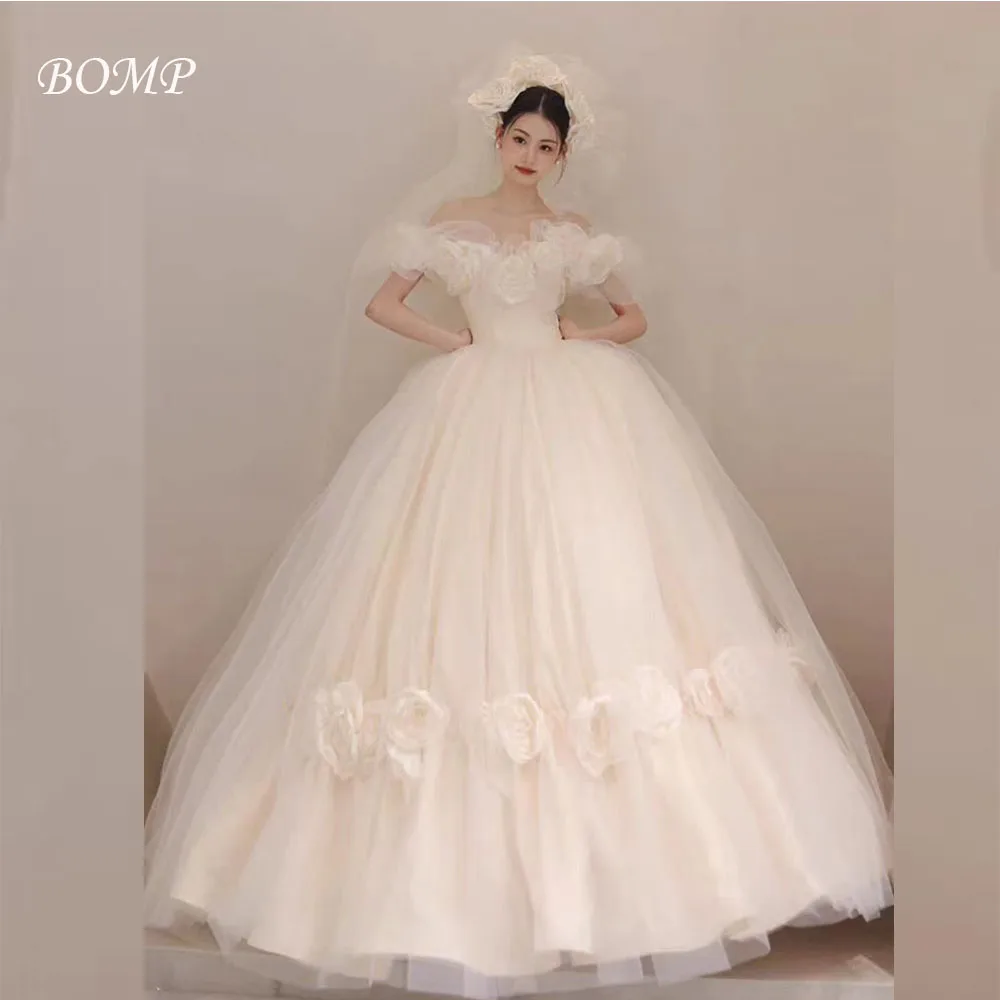 BOMP-vestido de novia elegante con flores, hombros descubiertos, corte en A, largo hasta el suelo, tul marfil, sesión de fotos coreana, vestido de recepción nupcial personalizado