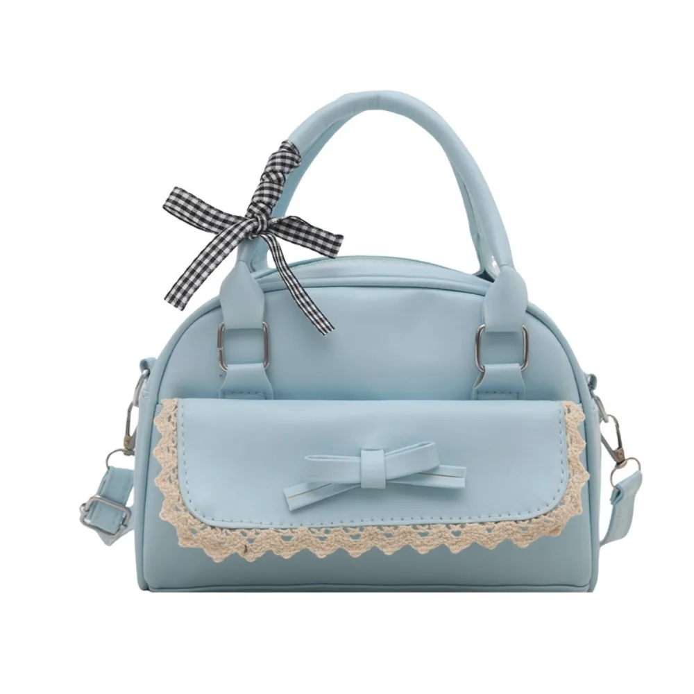 

Универсальная сумка Boston из искусственной кожи с кружевной лентой, многофункциональная сумка через плечо для боулинга на молнии, женская сумка через плечо в корейском стиле с бантом