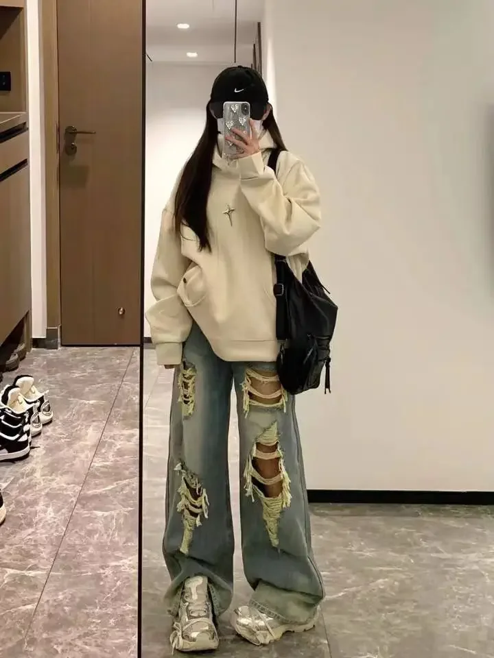 

Женские рваные джинсы в американском стиле ретро синего цвета Y2k, женские рваные джинсы в стиле Харадзюку, винтажные мешковатые джинсовые брюки в стиле панк, японские тройные брюки 2000-х годов