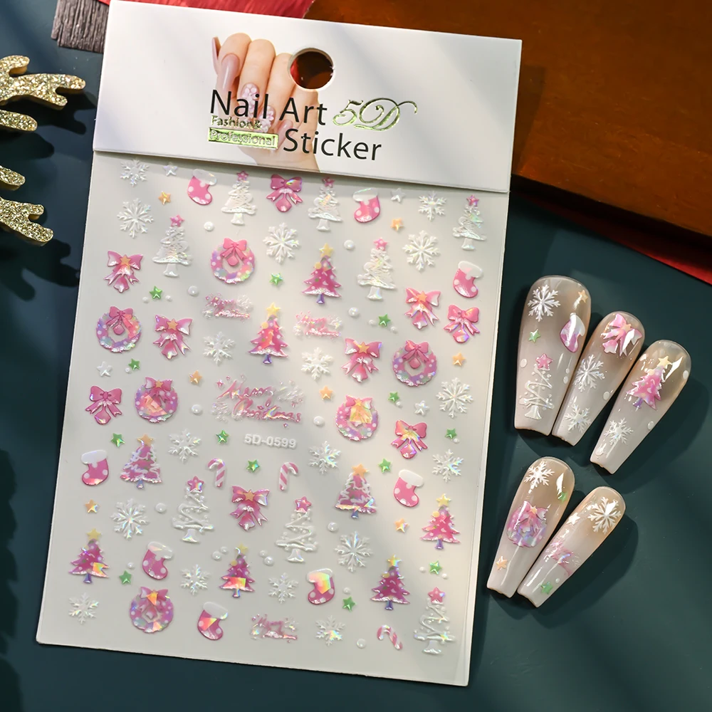 5D أورورا عيد الميلاد الكرتون سانتا كلوز/جرس/الدب مسمار ملصقات-1 قطعة Kawaiii الوردي الأحمر عيد الميلاد ندفة الثلج ملصق مائي ذاتية اللصق المنزلق