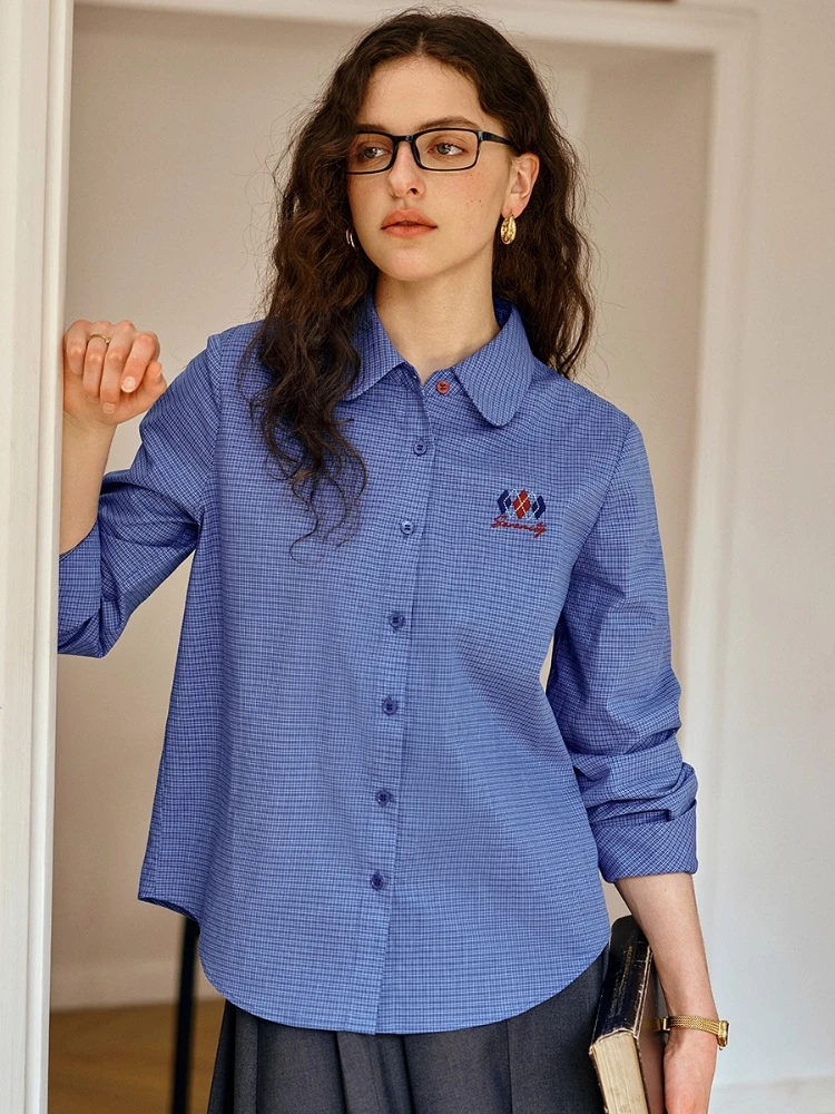 OLrain เสื้อเชิ้ตลายสก๊อตผู้หญิง 2025 ฤดูใบไม้ร่วงเย็บปักถักร้อยแขนยาวรอบคอเสื้อผ้าฝ้ายเสื้อกระดุมแถวเดียว O57QC001285