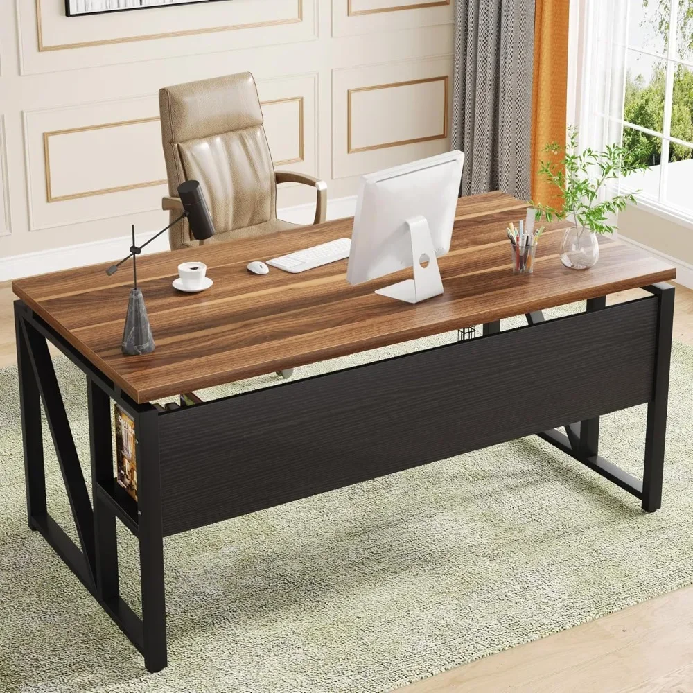 

55 inches Computer Desk with Bottom Storage Shelf Home Office Desk Writing Table for Workstation,Dark Walnut + Steel Leg