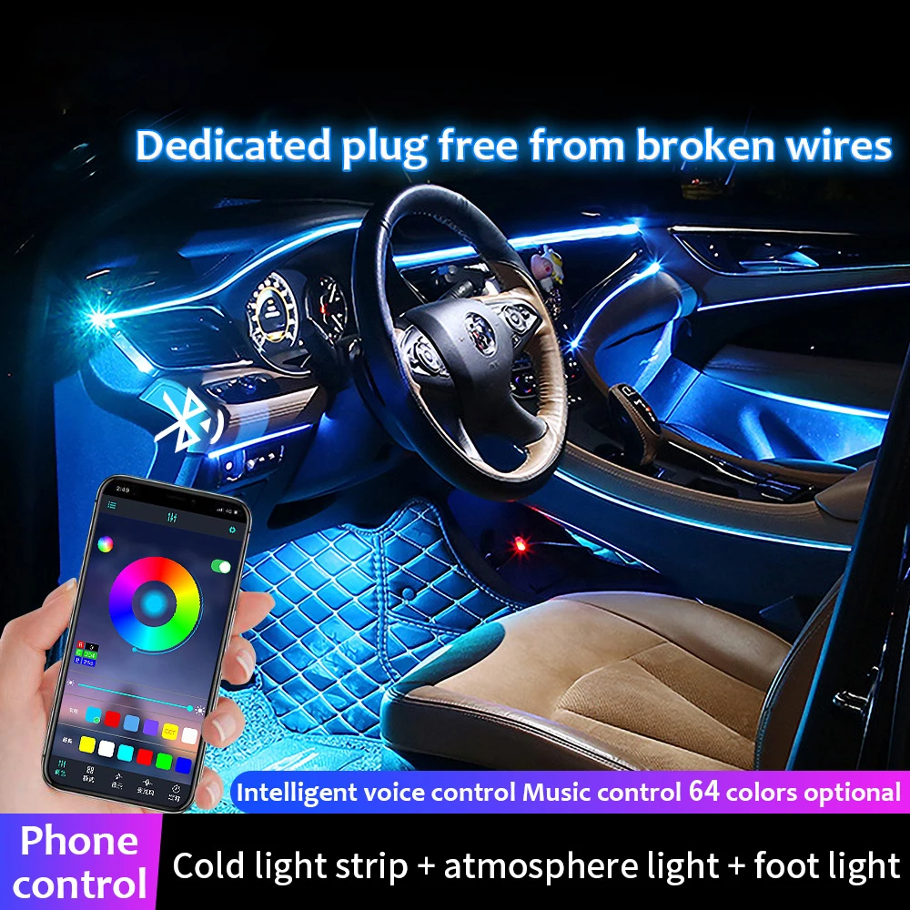 Car LED Foot Light Ambient Lamp With Bluetooth APP Music Control Multiple Modes Auto Interior Decorative RGB Light Strip Outdoor