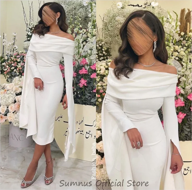 SUMNUS Elegant White Satin Arabic Evening Dresses Boat Neck Dubai Party Dress Flare Sleeves Tea Length Formal Occasions Gowns