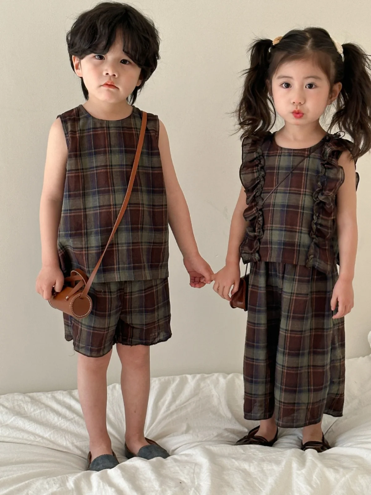 Summer Casual Wide Leg Pants Set for Boys And Girls Brother And Sister Matching Outfit Cotton Blend Sleeveless T-Shirt