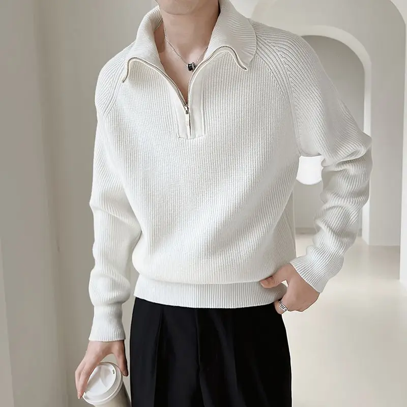 Autumn Winter KPOP Fashion Style Harajuku Slim Fit Tops Loose Casual All Match Knitwear High Collar Zipper Long Sleeve Sweaters