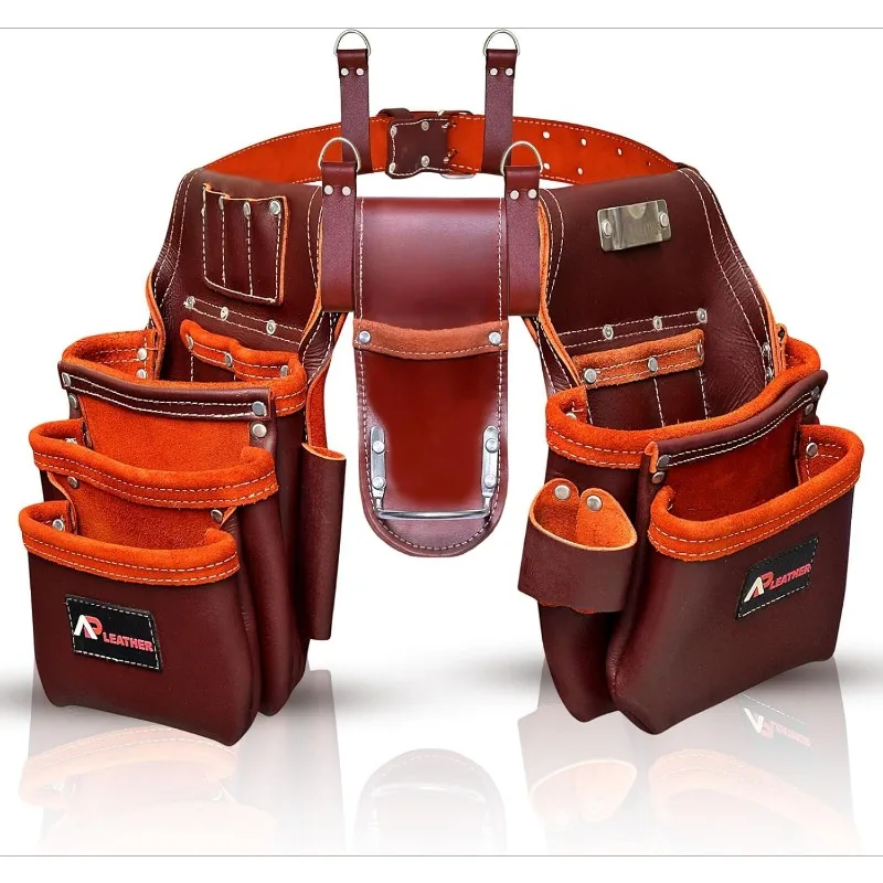 

Premium Oil Tanned Leather Belt, Carpenter bag Belt Maroon,29 Pockets Pouch with 4 Loops