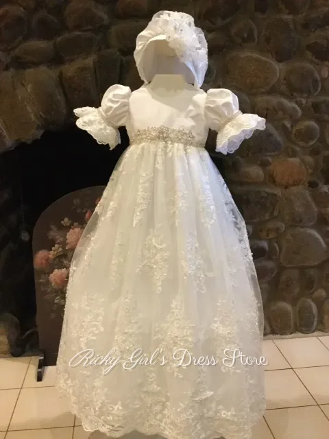 Vintage Ivory Baby Flower Girl Dress Flutter Short Puff Sleeves Beaded Lace Tulle Floor Length Gown For Baptism Customized