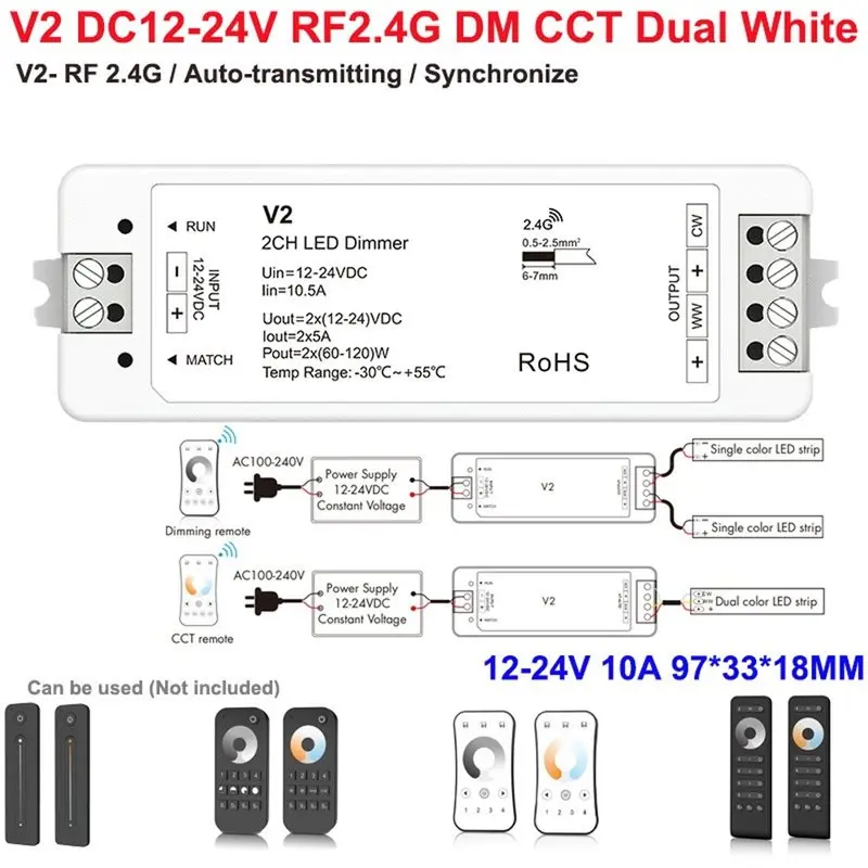 2025 Trend Auto-Transmitting 2CH 5A LED Controller CCT LED Strip Dimmer Function Fade Mode Touch Slide Remote 2.4GRF Control Uni