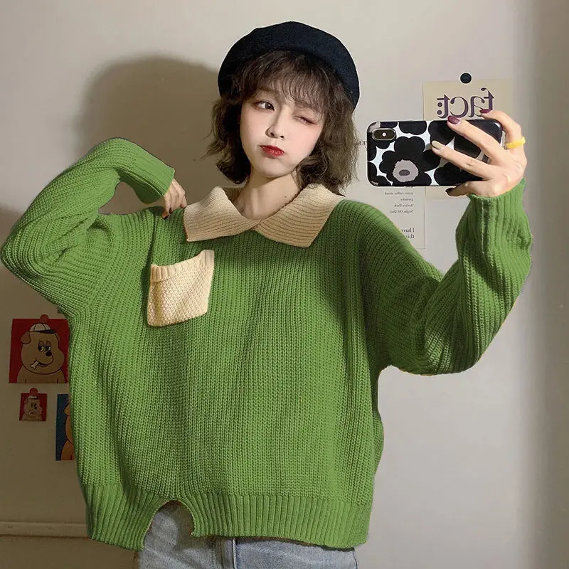 Autumn and winter Korean style tops for students with contrasting colors POLO collar loose ins long-sleeved sweater for women