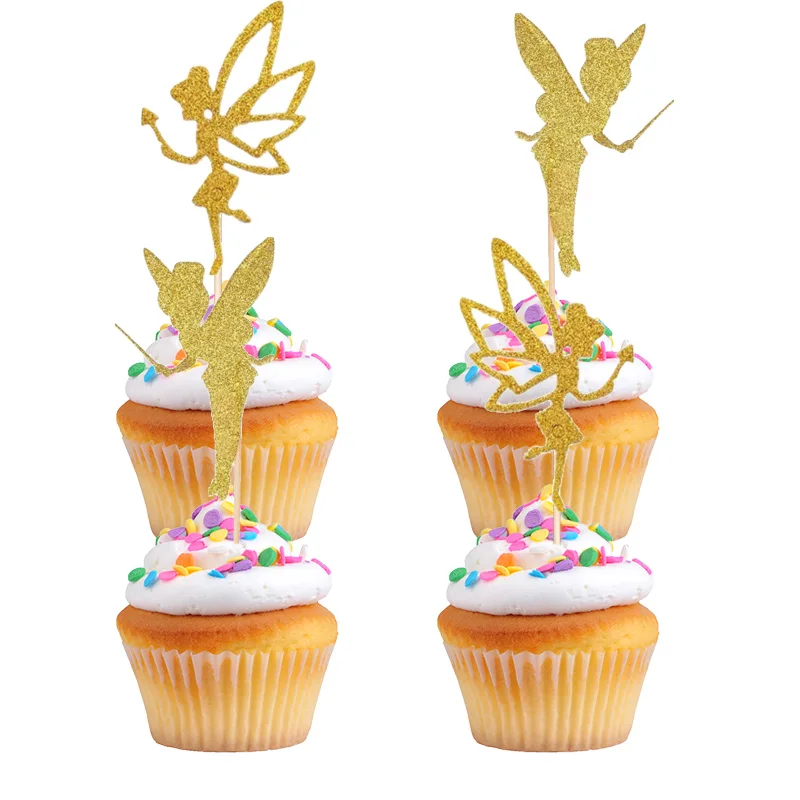 48/24Pcs Gold Giitter Fairy Cupcake Toppers Tinkerbell Cupcake Picks Fairy Themed Party Supplies Cake Decorating Baby Shower