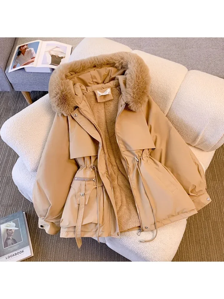 

Fleece Lined Hood Down Jacket Winter Coat for Women Warm Drawstring Padded Parkas Korean Casual Streetwear Female Puffer Outwear