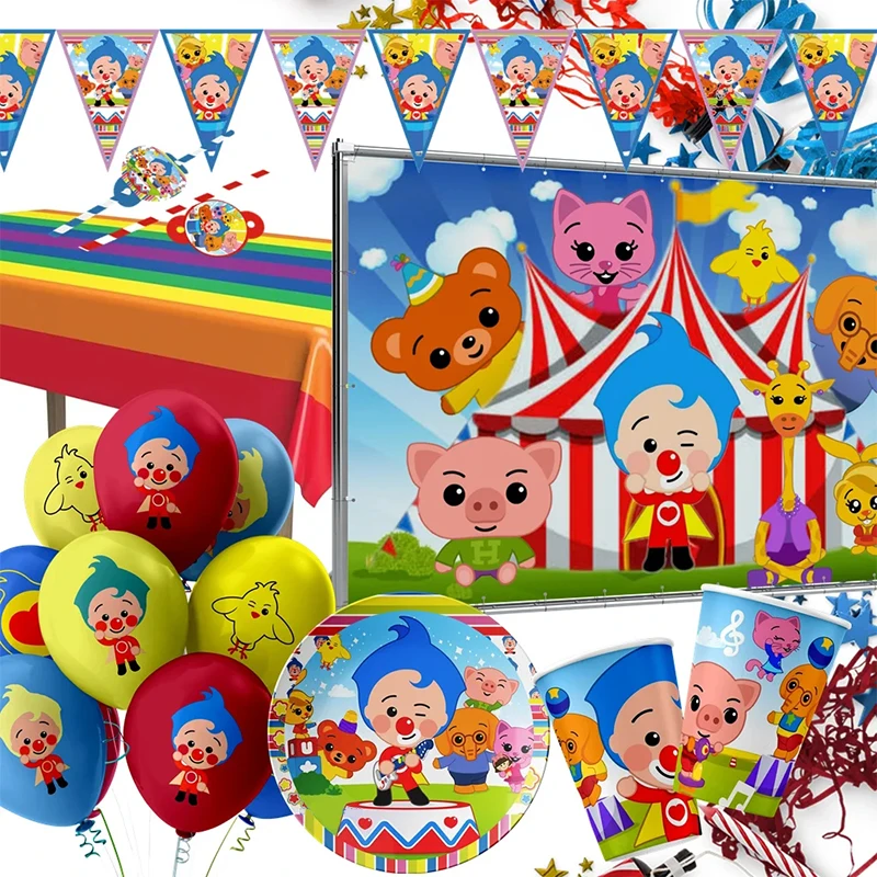 Plim Cartoon Clown Thema Lebendige Bunte Geschenk Einwegteller Becher Ballon Banner für Dusche Geburtstag Party Dekorations-Set