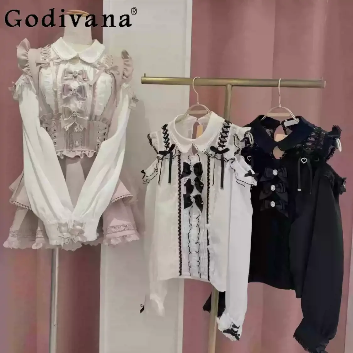 

Japanese Mass-produced Liz New Shirt Girls Sweet Cute Lolita Lace Splicing Off-the-shoulder Blouse Women's Large Size Shirt Tops