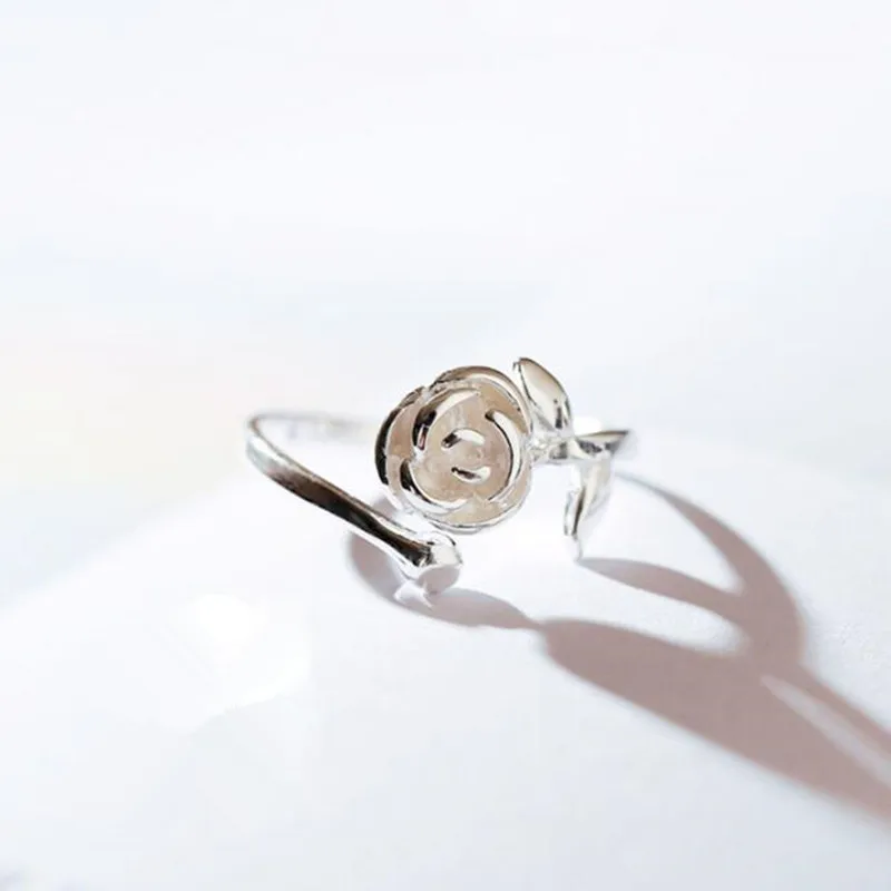 New Literary Handmade Smooth 925 Sterling Silver Fashion Jewelry Leaf Rose Flower Cute Women Opening Rings  R089