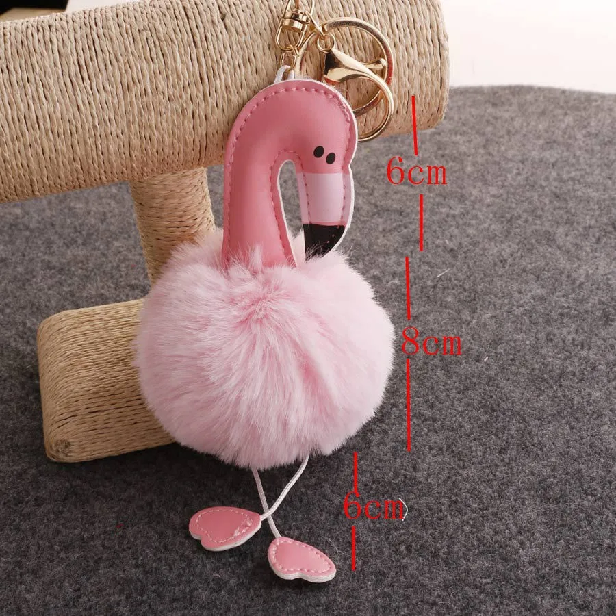 Fluffy Pompom Keychain Plush Pu Flamingo Keyring Lovely Stuffed Doll Key Holder Handbag Hanging Pendant Ornament Wholesale Gift