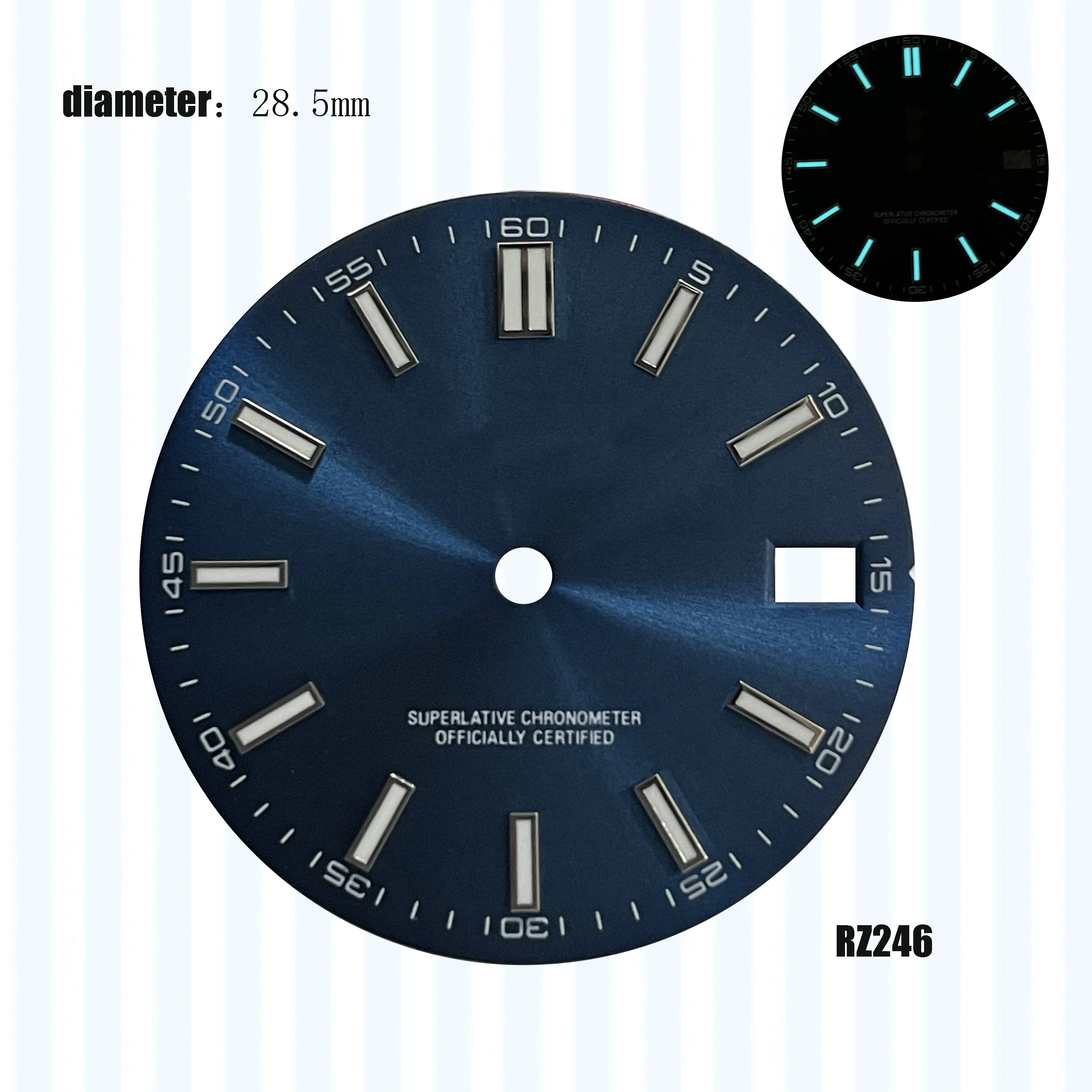 blu luminoso Vendite calde 28,5 mm Lucernario singolo data logo verde Quadrante nh35 36 Movimento automatico 29 mm Logo singolo quadrante blu