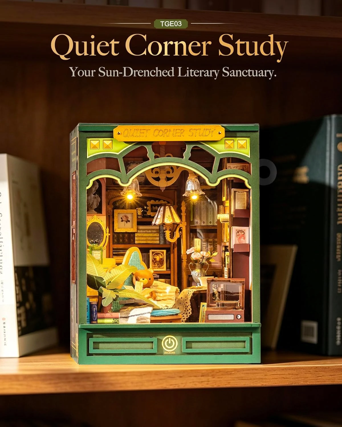 

Book Nook Kit DIY 3D Puzzle Quiet Corner Study Bookstore Miniature Bookend with LED Touch Light Arts and Crafts Gift for Adults
