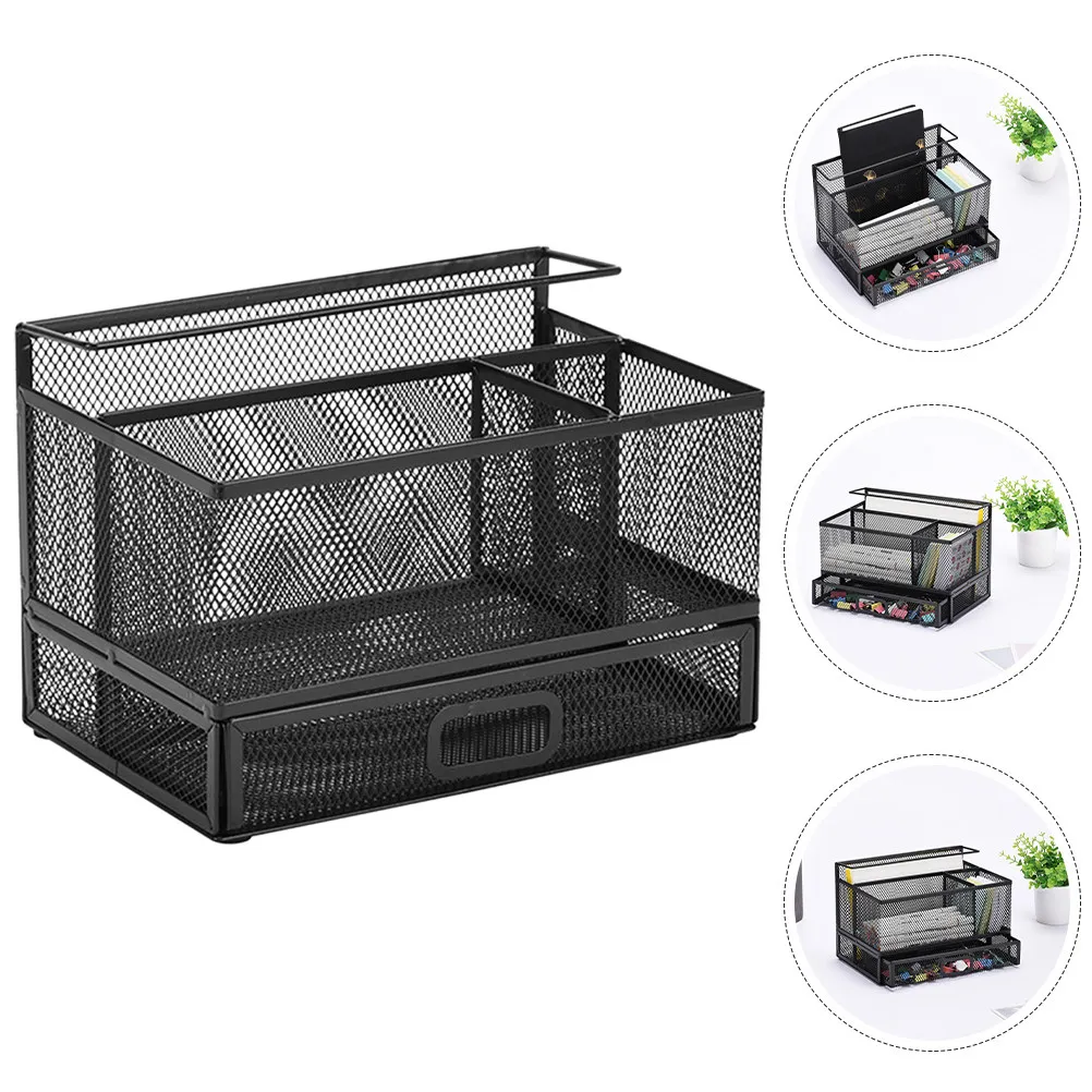 

Metal Desk Organizer Pencil Holder with Drawer Tray Grid Design Anti-Slip Non-Slip Wear-Resistant Smooth Edge Office Study Room