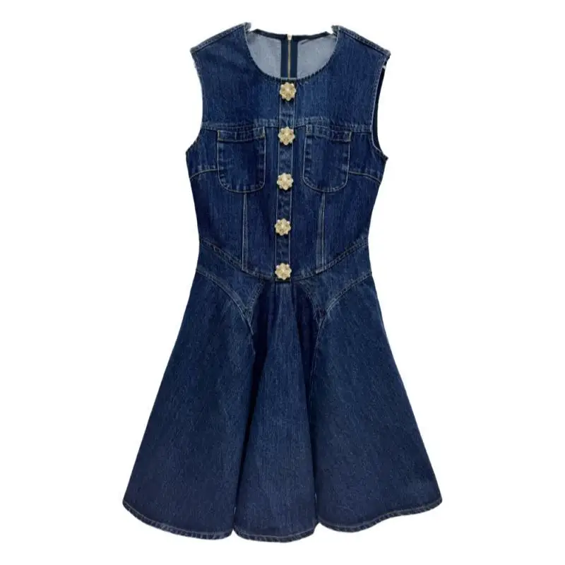 JAMERARY Brand Designer Summer Holiday Single Breasted Denim Jeans Dress Women Sleeveless A Line Pleated Short Vestidos Party