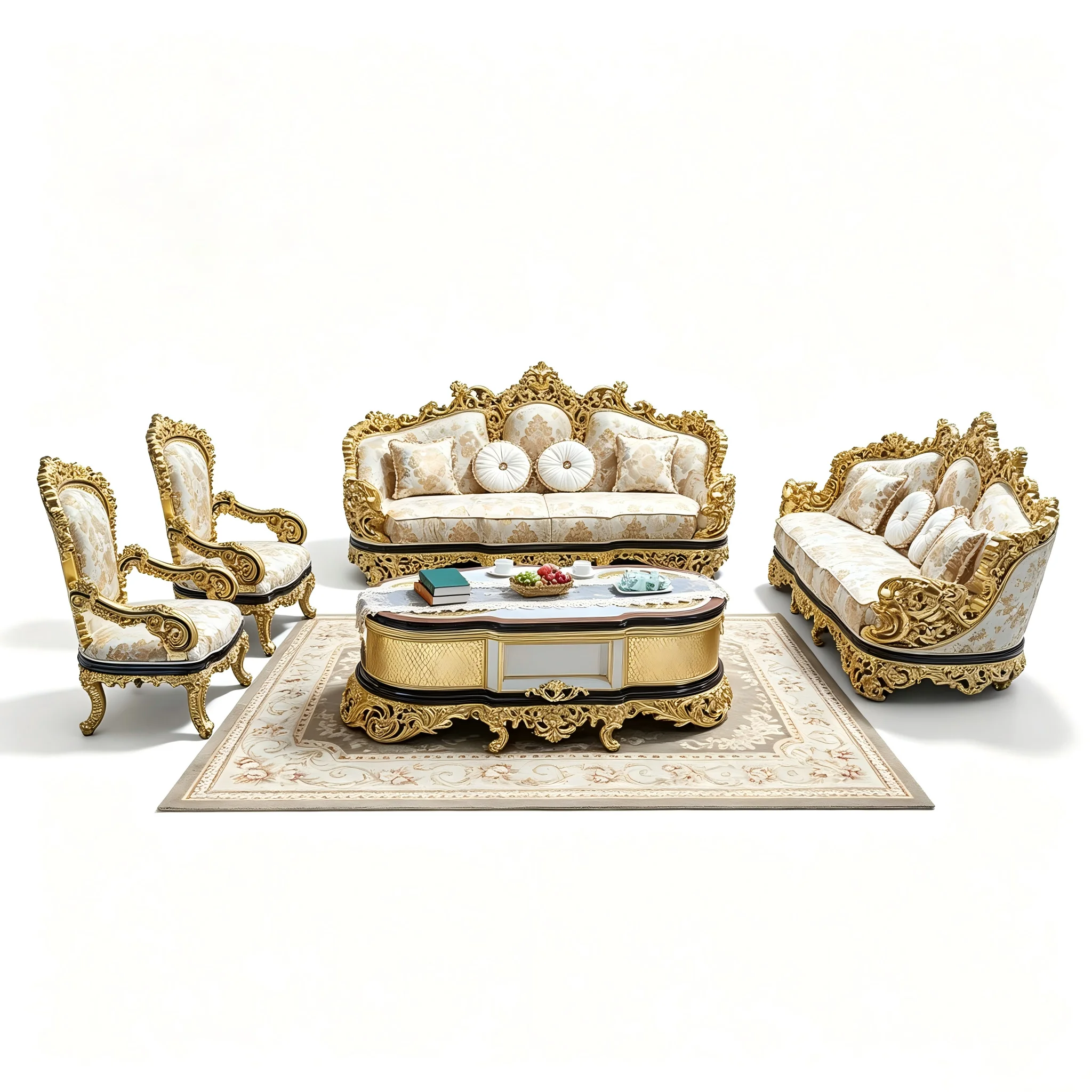 ^French-style Palace Sofa Set 3 Seater Solid Wood Carved European-Luxury Living Room Villa Design Gold-Leaf Accents Fabric Art