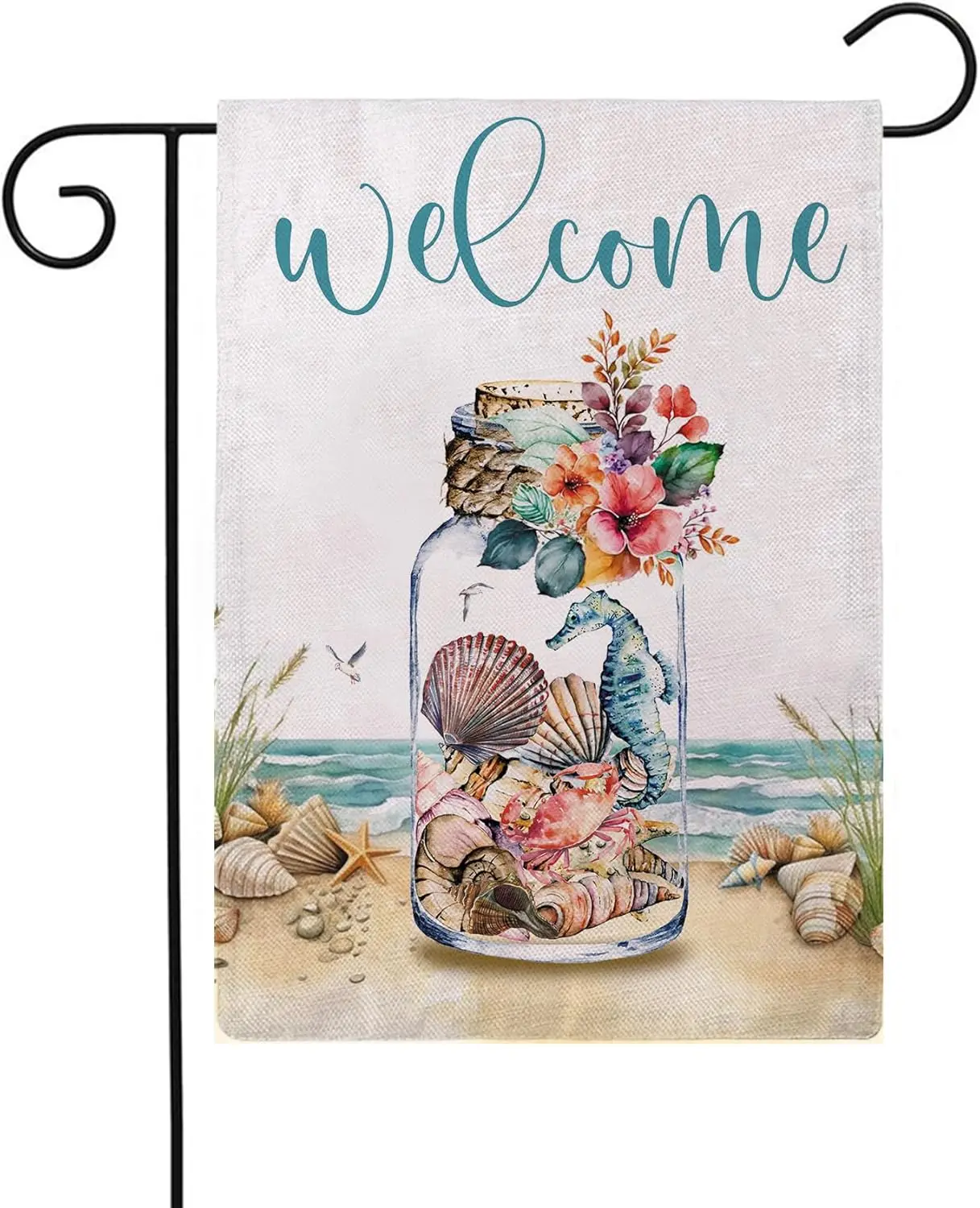 Welcome Beach Garden Flag Double Sided Seahorse Crab Shells Summer Decorative Small Burlap Garden Flags 12.5 x 18 Inch Coastal G