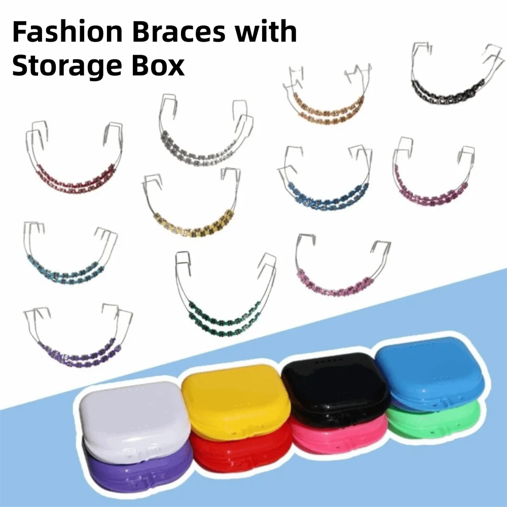 1 Set Colorful Temporary Tooth Decoration Dental Decorations Fake Brackets Fashion Braces with Storage Box with Metal Wires