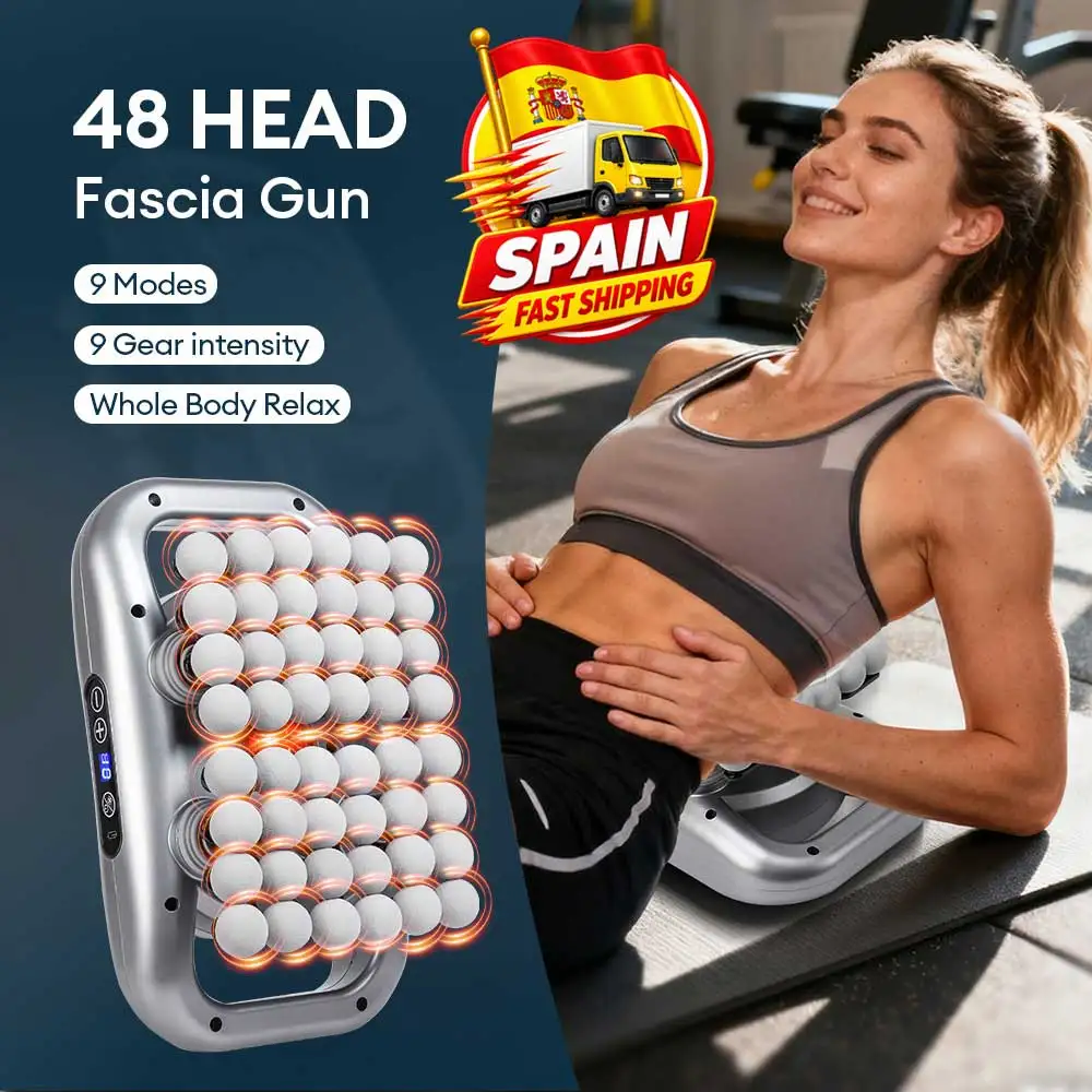 Pistola per massaggi con 48 testine, senza fili, per massaggi profondi dei tessuti e della fascia, con luce rossa, ricaricabile, per massaggi muscolari, ideale per rilassare schiena, gambe, collo e