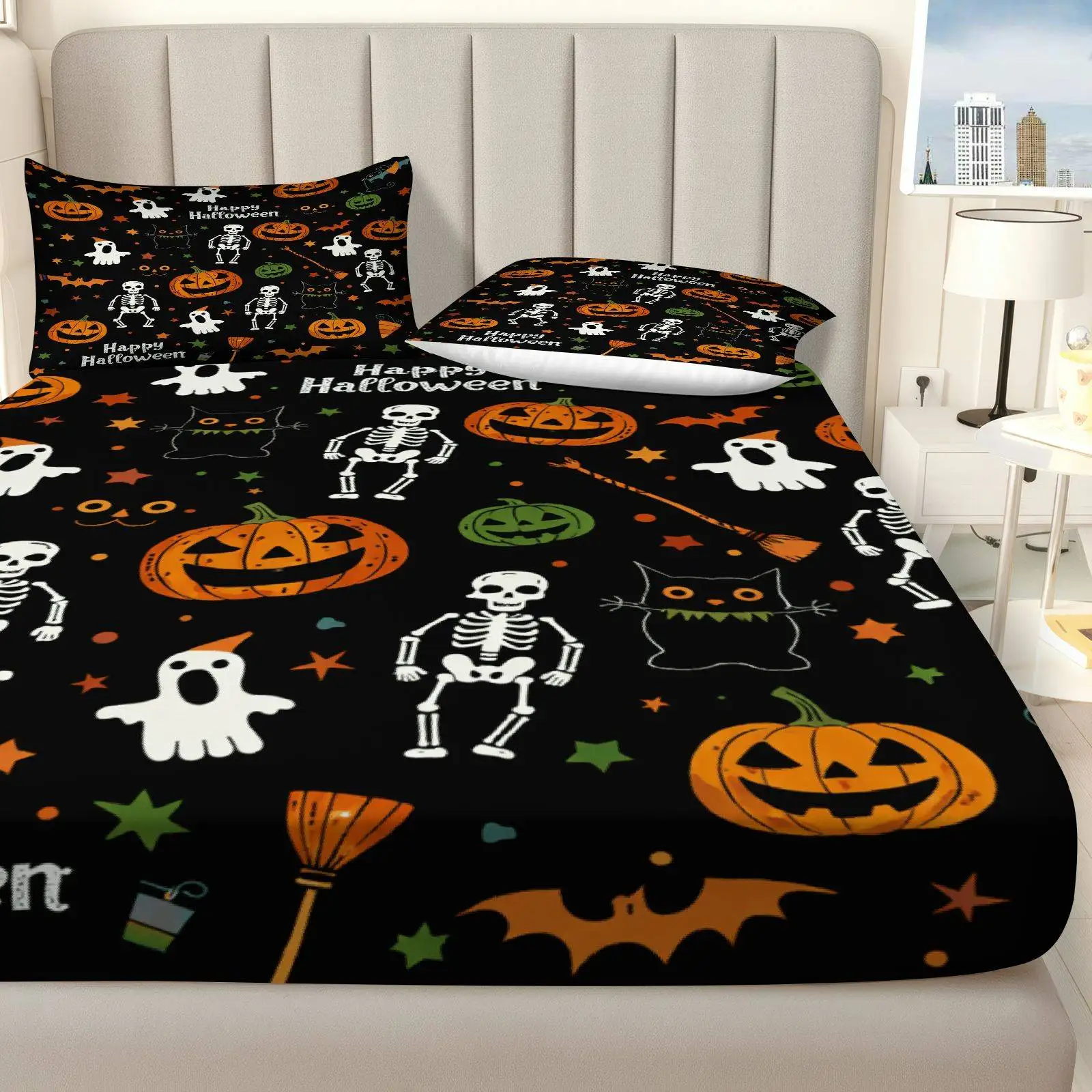 Three-piece fitted sheet set, digital print three-piece fitted sheet set, Halloween-themed bedding, pumpkin and ghost designs (includes 1 fitted sheet + 2 pillowcases), 3-piece set, large-capacity deep pocket 2D printed fitted sheet and 2 pillowcases, mattress protector, fitted elastic style, suitable for all seasons, machine washable design, holiday decoration, various sizes, breathable protector with pillowcase