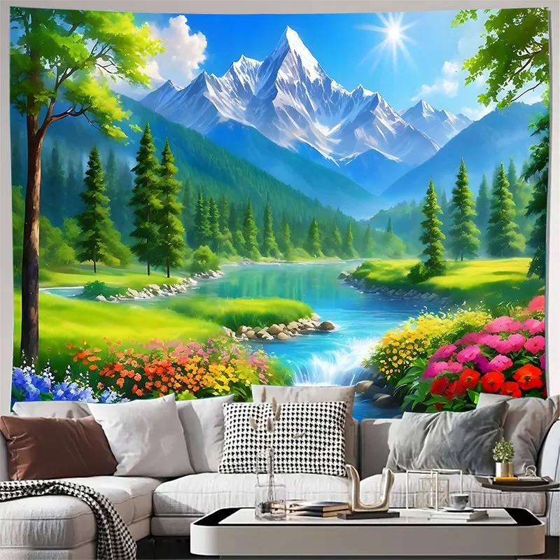 Cartoon Mountain River Flower Garden Wall Tapestry Machine Washable All Season Decor Art Print Nature Design Home Bedroom