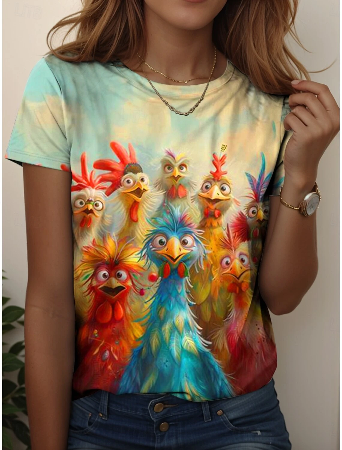 Women's Animal Rooster Graphic Print Vintage Stylish Casual Short Sleeve Crew Neck Regular T‑Shirt Daily Weekend Spring Summer