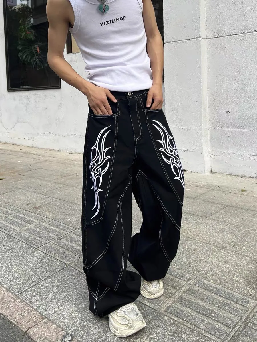 American Sle rétro déconstruit haute rue ligne brodée jean ample jambe droite jambe large pantalon Long pour le printemps